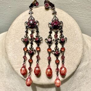 Vintage Chandelier Clip Earrings Liz Palacios Pink Pearls & Swarovski Crystals